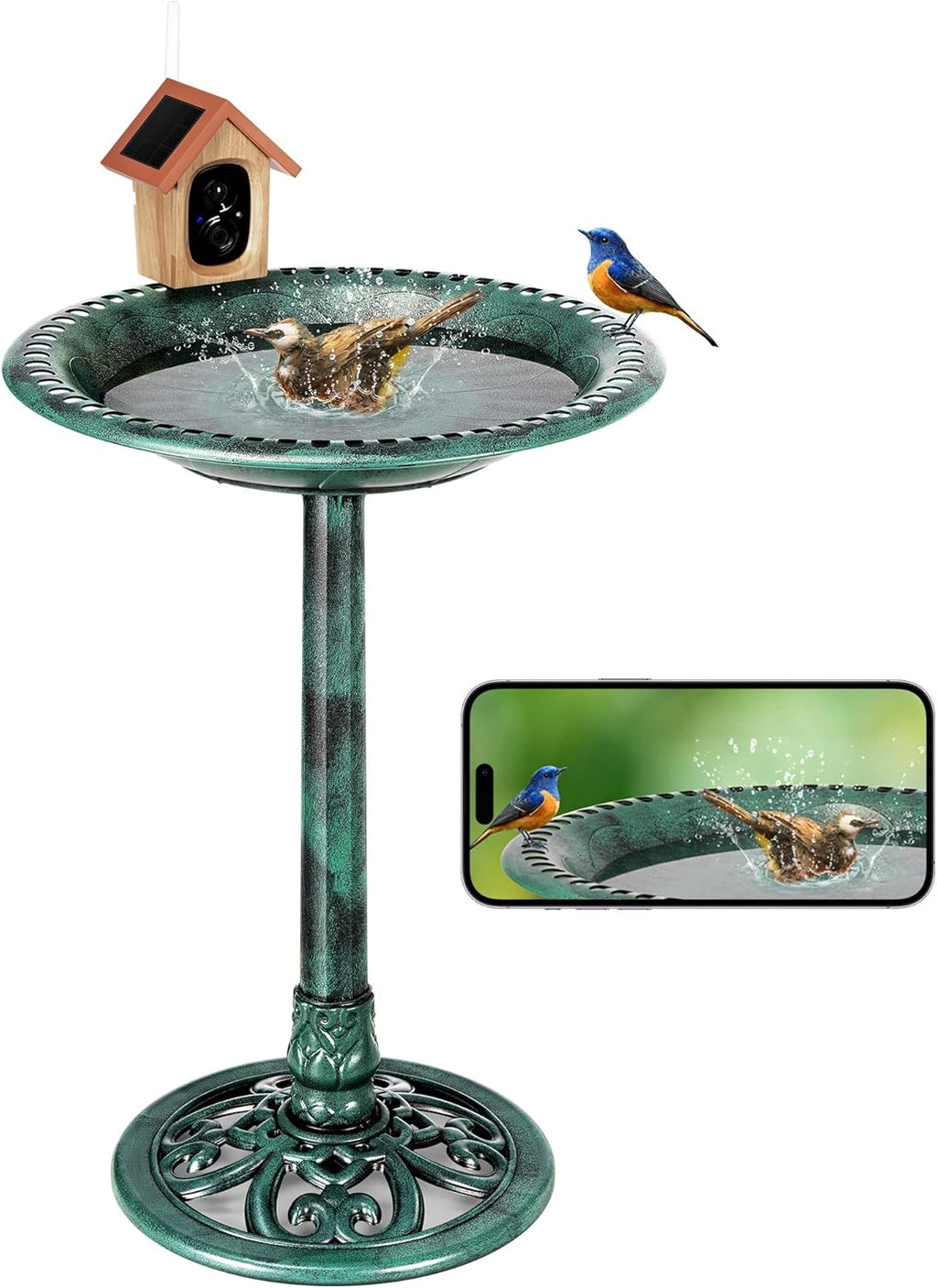 VIVOHOME Smart Polyresin Bird Bath with Camera, 2K HD Solar Powered Outdoor Bird Feeder with Night Vision, AI Bird Identification, Two-Way Audio, Instant Motion Alerts, 2.4GHz WiFi, Green