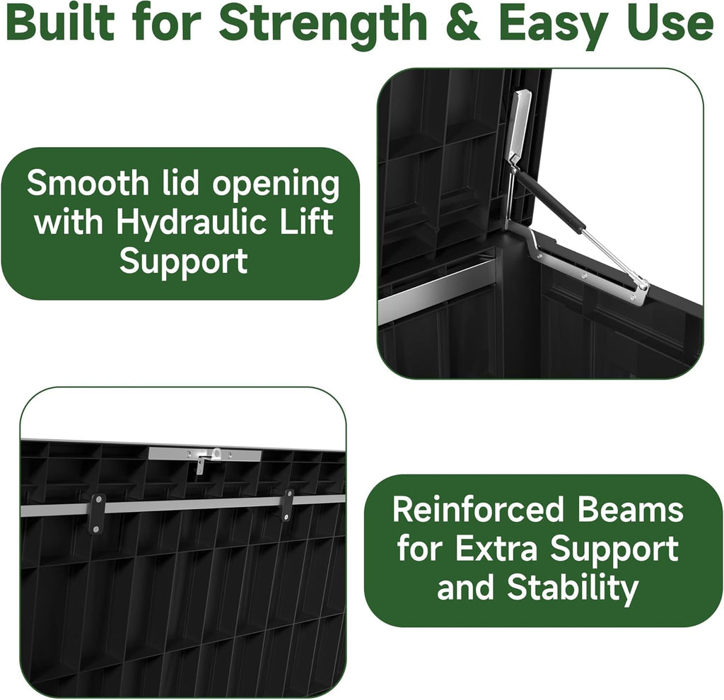 150 Gallon Outdoor Storage Box Waterproof, UV Resistant Resin Deck Box with Hydraulic Rod, Reinforced Stability for Patio, Garden, and Pool, Striped Black