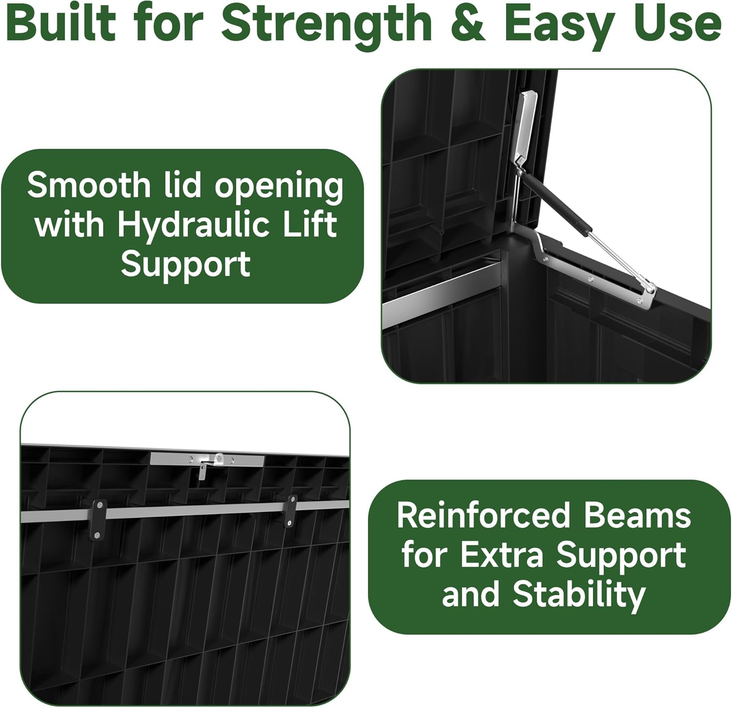 150 Gallon Outdoor Storage Box Waterproof, UV Resistant Resin Deck Box with Hydraulic Rod, Reinforced Stability for Patio, Garden, and Pool, Striped Black