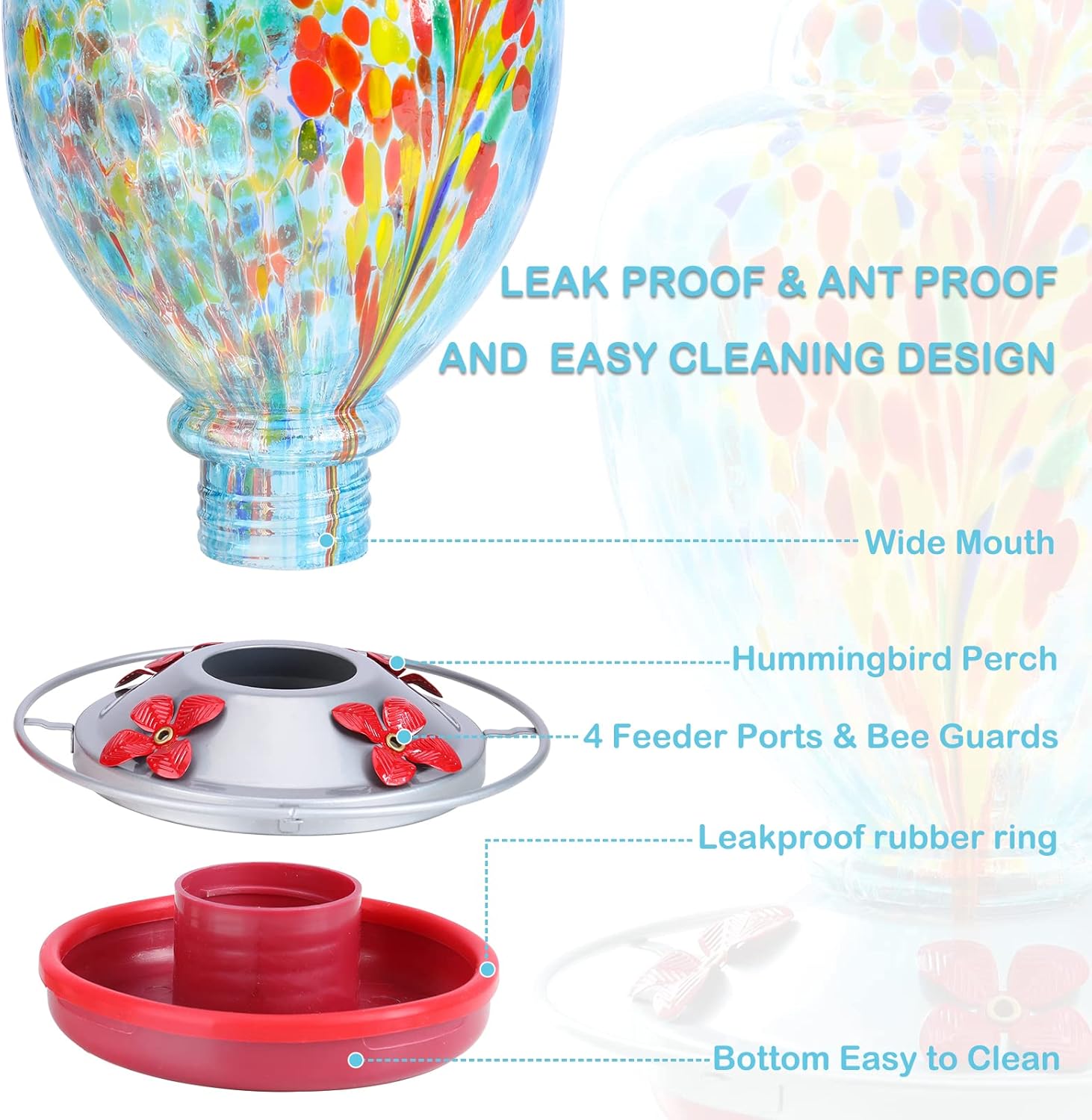 Yinns Glass Hummingbird Feeder for Outdoor Hanging Ant and Bee Proof, Hand Blown Glass Feeder with Ant Moat, Backyard Decoration, Garden Gifts for Women