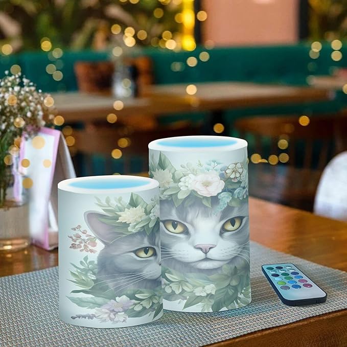 Flickering Flameless Candles, Cat Head Flowers LED Candles with Remote Timer, Set of 2 Battery Operated Candle for Valentine Wedding Birthday