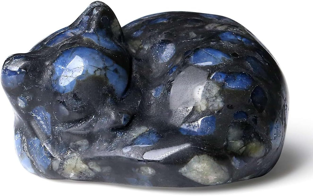 LAIDANLA Blue Labradorite Cat Healing Crystals Figurine Sleeping Cat Hand Carved Cute Statue Polished Stone Sculpture Reiki Office Room Bedroom Desk Home Decoration Gifts 1.6"
