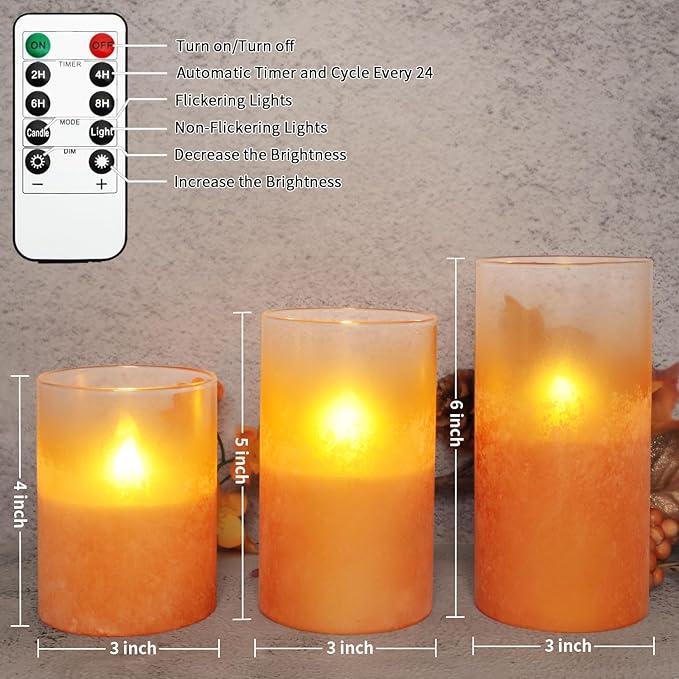 Orange Flameless Candles - Battery Operated Candles with Remote Orange Glass Sandblasted Design Wax Unscented - Centerpieces for Dinner Table Tray House Warming Thanksgiving Gifts