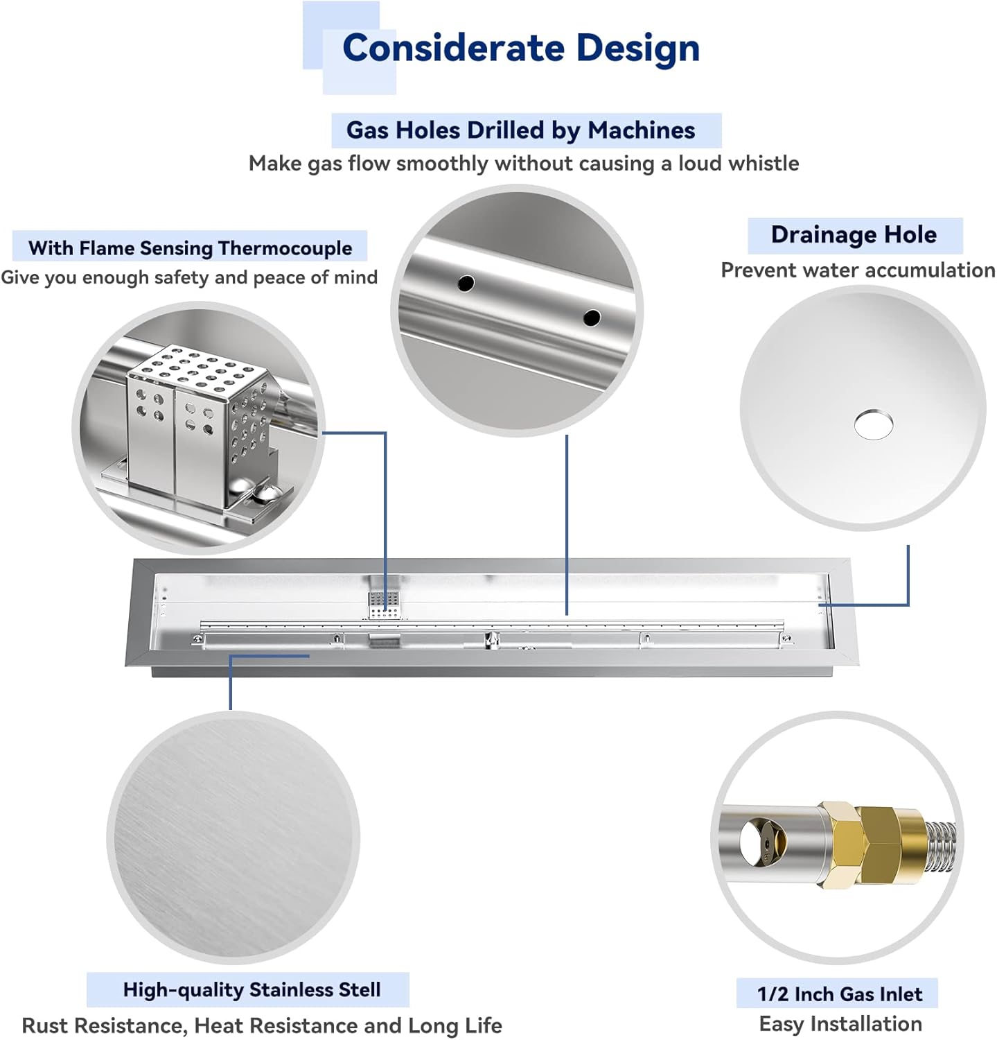 Skyflame 36" Linear Stainless Steel Fire Pit Drop-in Burner Kit with Flame Sensing, Electronic Spark Ignition, CSA Certified, and Propane Regulator Connector Hose Set for Propane Tank