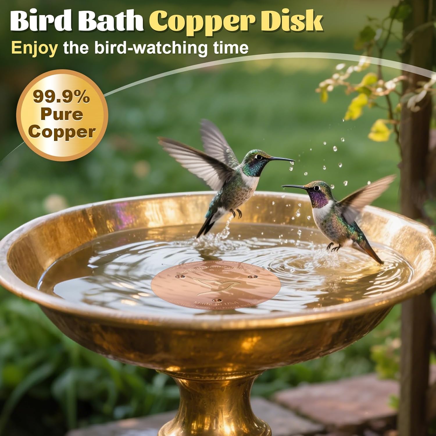 2PCS Bird Bath Copper Disk,1mm Thick Reinforced 99.99% Pure Copper Disc with Triple-Point Support,Bird Bath Accessories for Outside Birdbaths Bowls Physical Safe Water Cleaner for All-Season Use