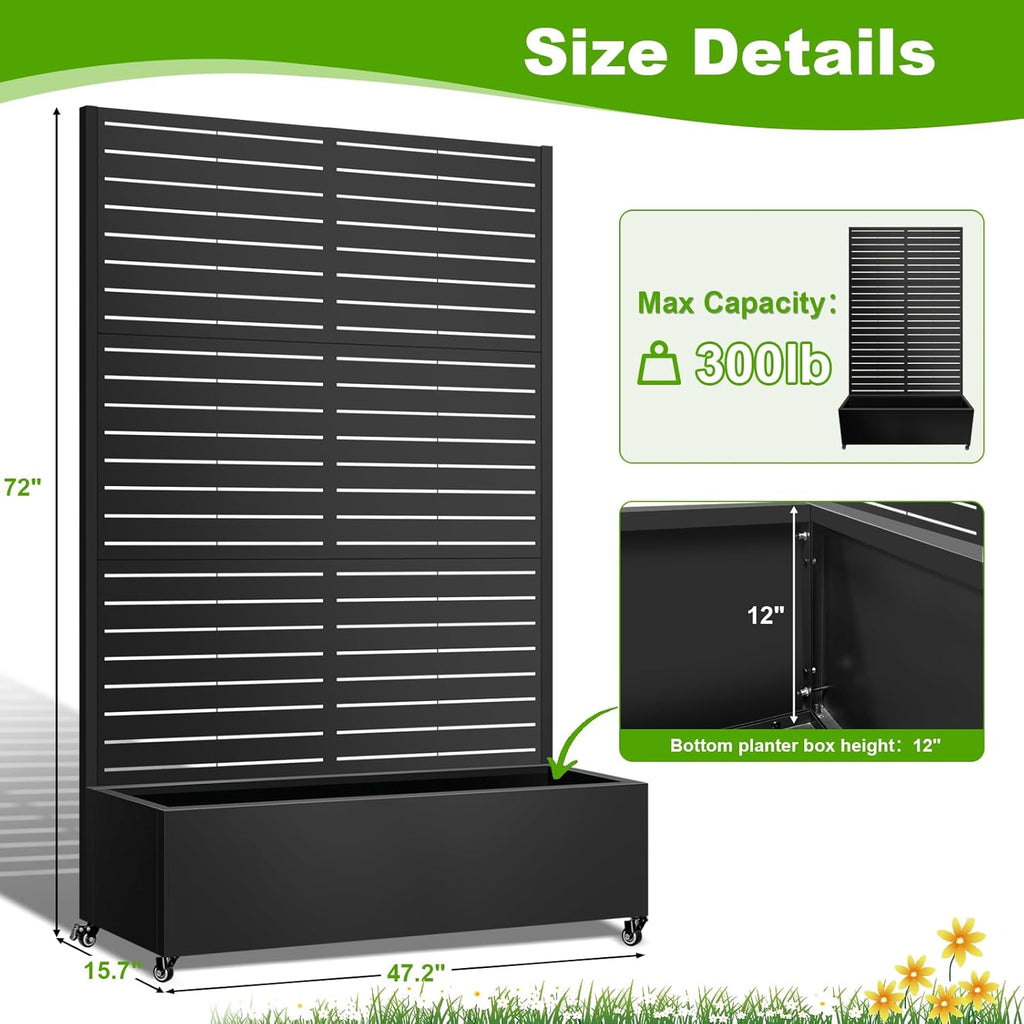 Metal Planter Box with Trellis, 72"x47"x16" Metal Raised Garden Bed with Trellis, Trellis Planter Box with Drainage Holes & Lockable Casters for Climbing Plants, Vegetables, and Vines