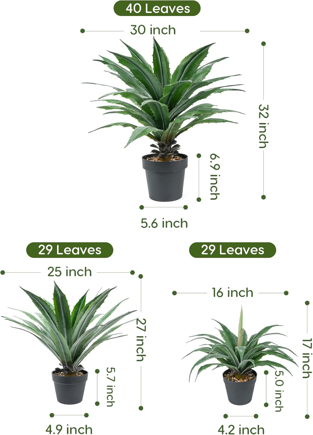 Velener Artificial Agave Plant in Black Pot with Real Stone Pebbles, Large Fake Agave Plants with Green Serrated Leaves, Faux Yucca for Indoor and Outdoor Decor-32 Inches Tall, 40 Leaves