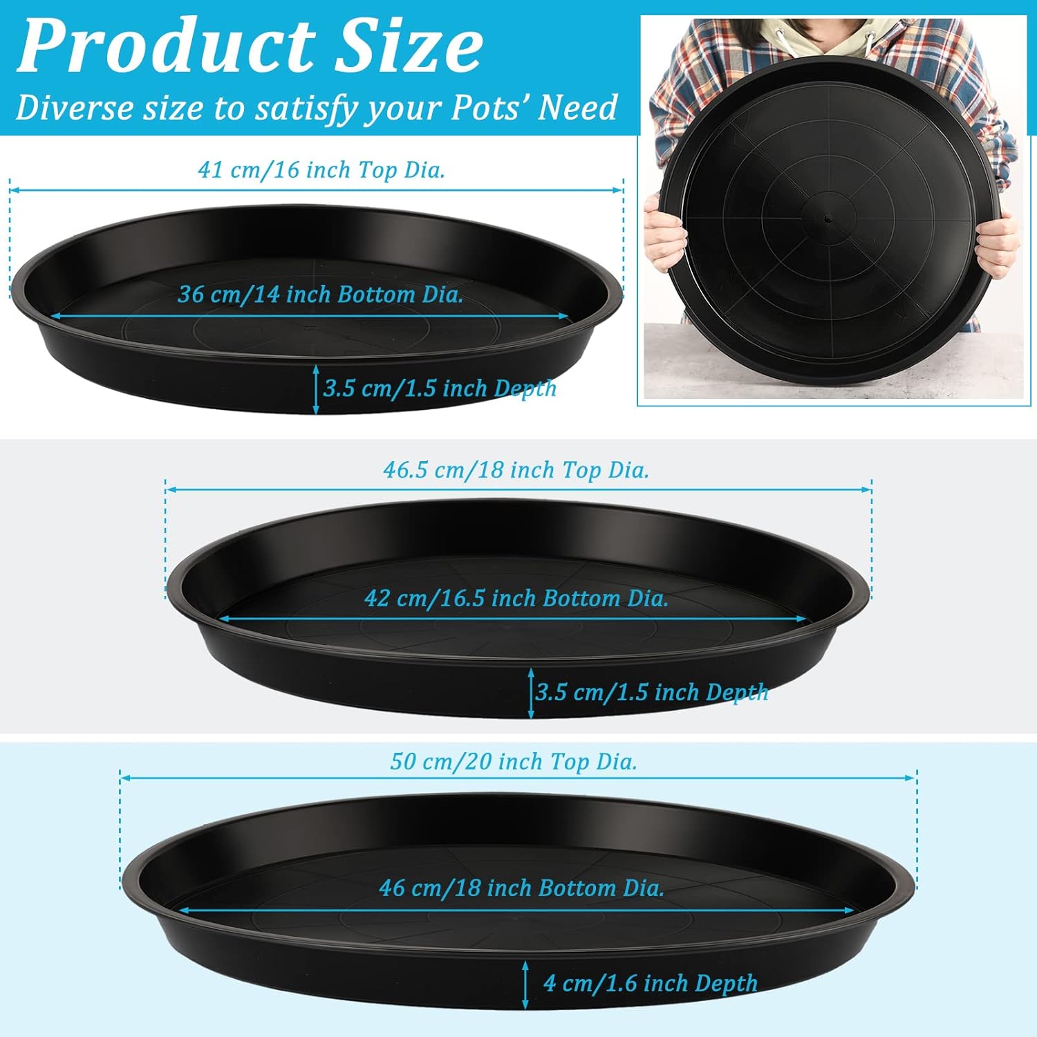 Eccliy 12 Pcs Plastic Plant Saucers Round Plant Tray Large Flower Pot Heavy Duty Planter Water Trays Thick Planter Drip Saucers for Indoors and Outdoors(16, 18 and 20 Inch,Black)