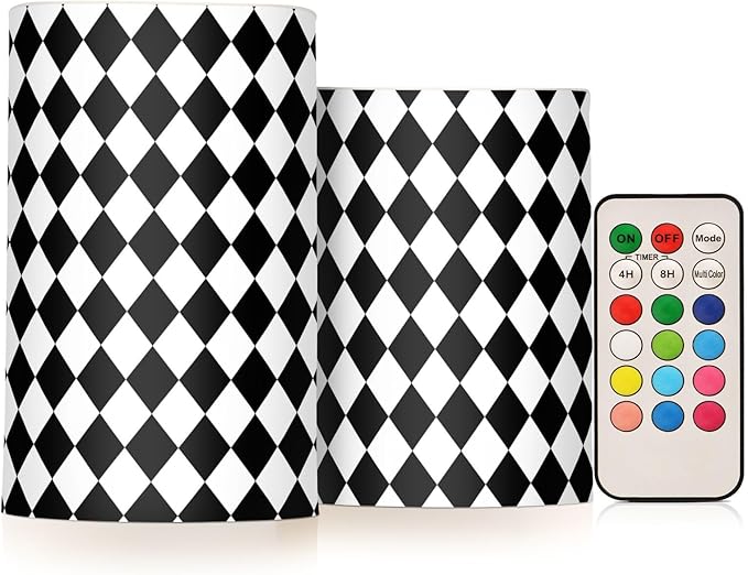 Flickering Flameless Candles, Black White Rhombuses Checkered LED Candles with Remote Timer, Set of 2 Battery Operated Candle for Valentine Wedding Birthday