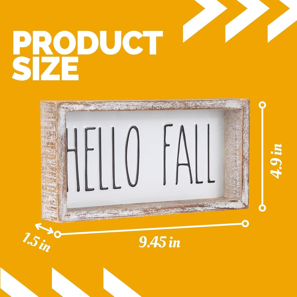 Fall Decor, Hello Fall Block Sign for Shelf, Mantel, Table, Rustic Thanksgiving Decoration, Autumn Tiered Tray Decor, Embossed Metal With Wood Frame Black