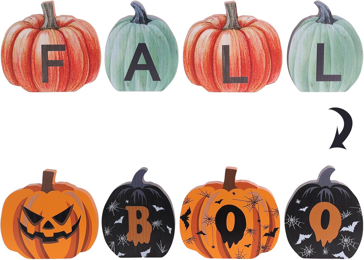 Fall Decorations for Home & Halloween Decorations Indoor, DECSPAS Double-sided Pumpkin Wood Sign with Fall & BOO Lettered, Autumn Wooden Block Set for Table, Tiered Tray, Mantle, Thanksgiving Decor