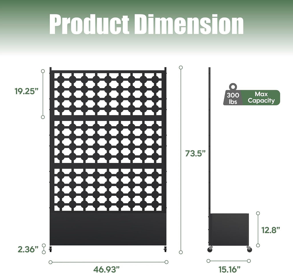 Metal Planter Box with Trellis Privacy Screen, Raised Garden Bed with Dots Trellis & Wheels, Privacy Planters for Patio, Planter Box for Climbing Plants, Flower, 73"x 47"x 16", Black