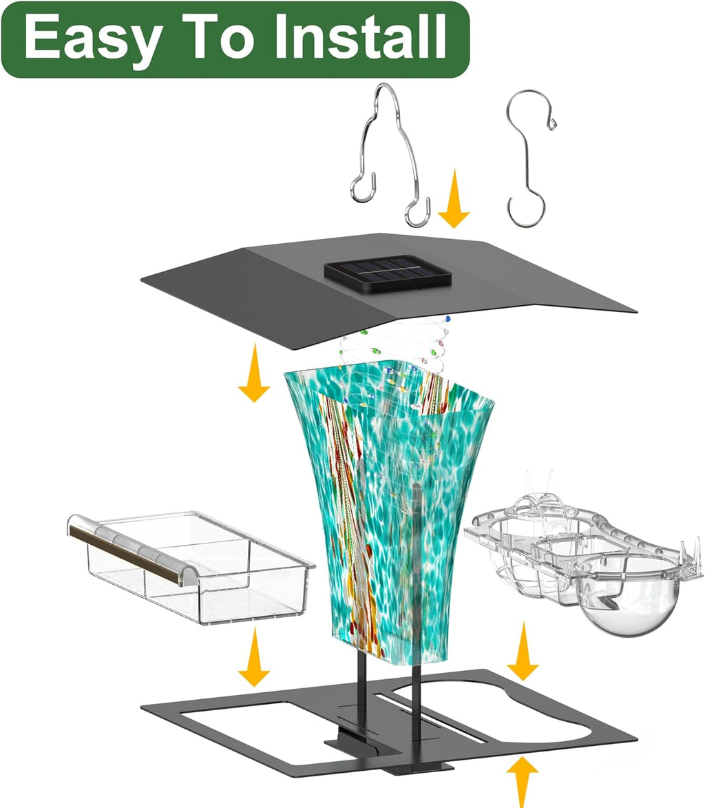 LUJII 6-in-1 Solar Bird Feeder with RGB String Lights, Hand Blown Glass, 2 Removable Trays for Bird Seed, Suet Ball, Mealworm, Oriole Orange Fruit, Jelly or Water, Teal