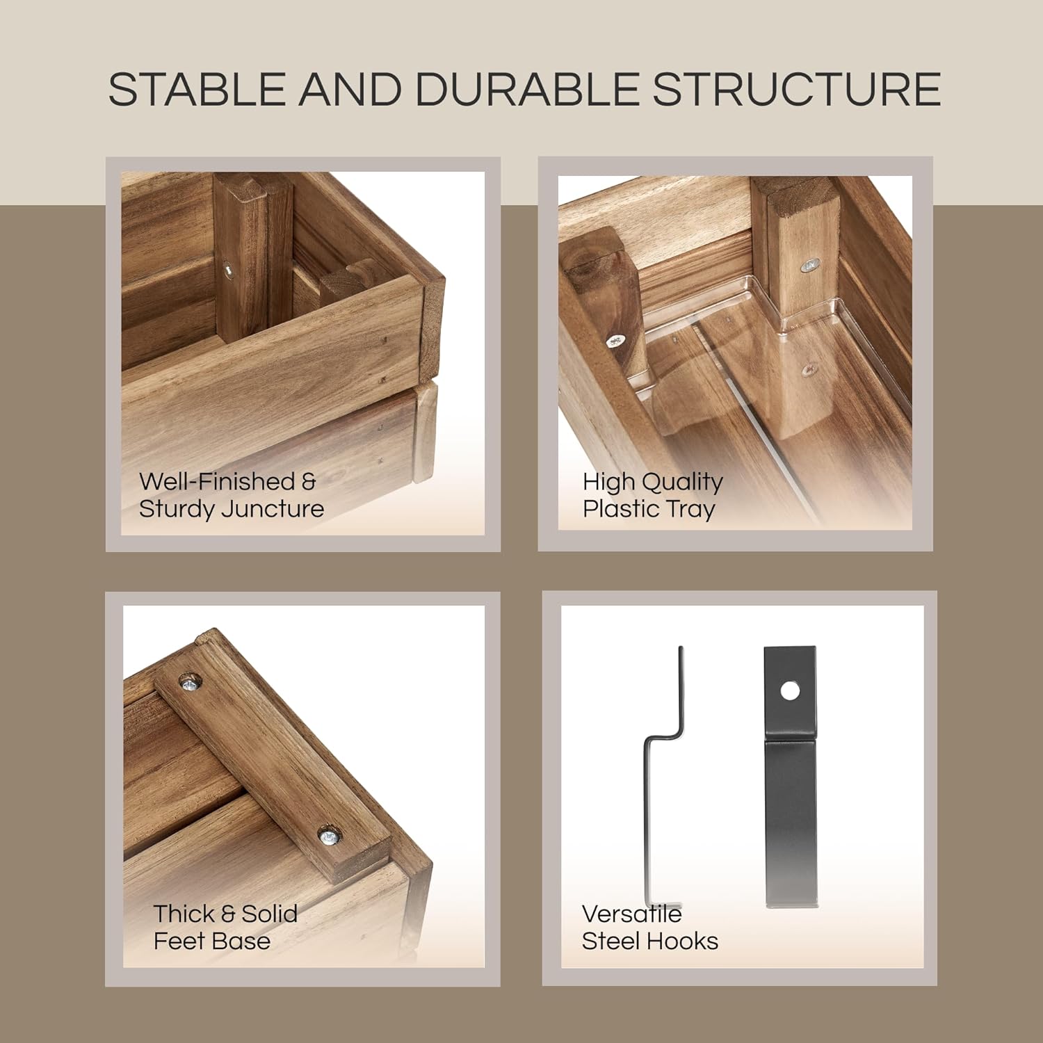 Wooden Planter Box, Storage Box 17”L x6”W x5.5”H with Crate Style, Acacia Wood Flower Container, Rustic Rectangle Planter for Planting, Decor and Storage - 3 Colors (Natural)