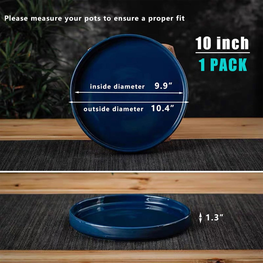 Ceramic Plant Saucer Pot Tray 10 Inch, Blue Planter Saucers 5 7 9 10 12 Inch for Indoors Outdoor, Flower Pot Saucers for Holding Water Drips and Soil