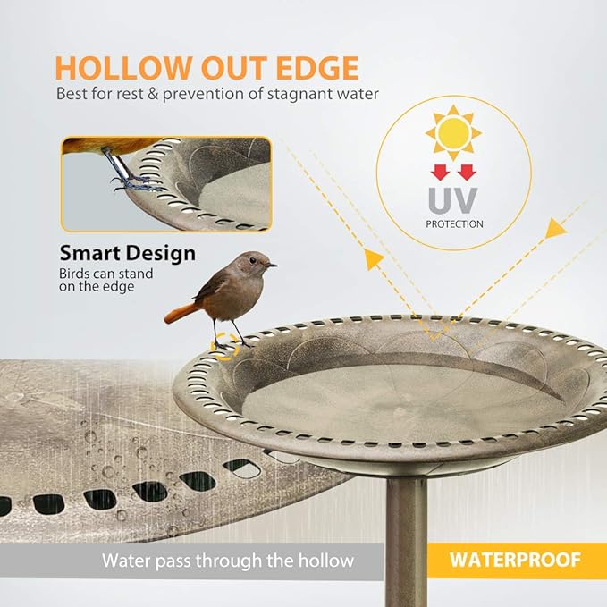 VIVOHOME 28 Inch Height Polyresin Lightweight Antique Outdoor Garden Bird Bath Copper