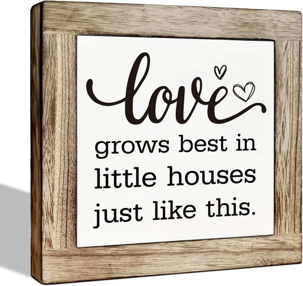 Farmhouse Wood Sign, Love Sign, Wooden Box Sign Plaque, Home Decor, Living Room Decor, Desk Decor Art, Freestanding Sign, Rustic Table Decor, Love Grows Best In Little Houses Just Like This Sign