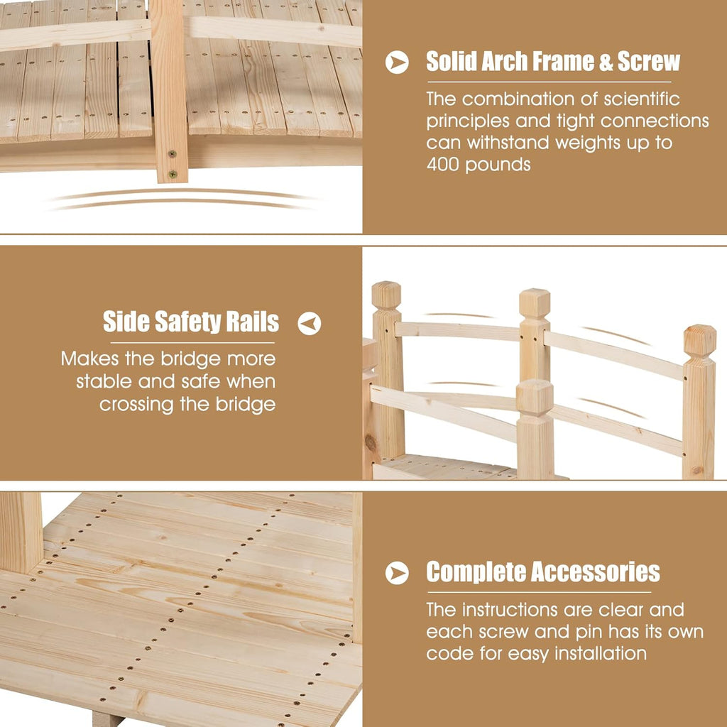 Giantex 5 FT Wooden Garden Bridge, Classic Wood Arc Footbridge with Railings, 400 lbs Capacity, Decorative Pond Bridge for Outdoor Garden Yard Backyard Creek Farm (Natural)