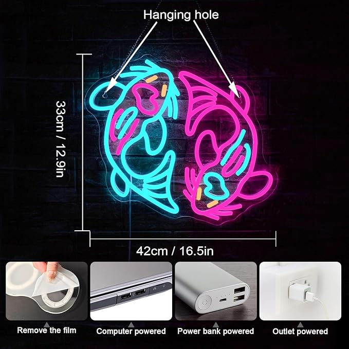 WLHOPE Koi Fish Neon Sign for Wall Decor Koi Carp Neon Light Fish Neon Signs Dimmable Neon Lights Blue Pink Fish LED Light Up Sign for Bedroom Bar Restaurant Office Fishroom Koi Pond