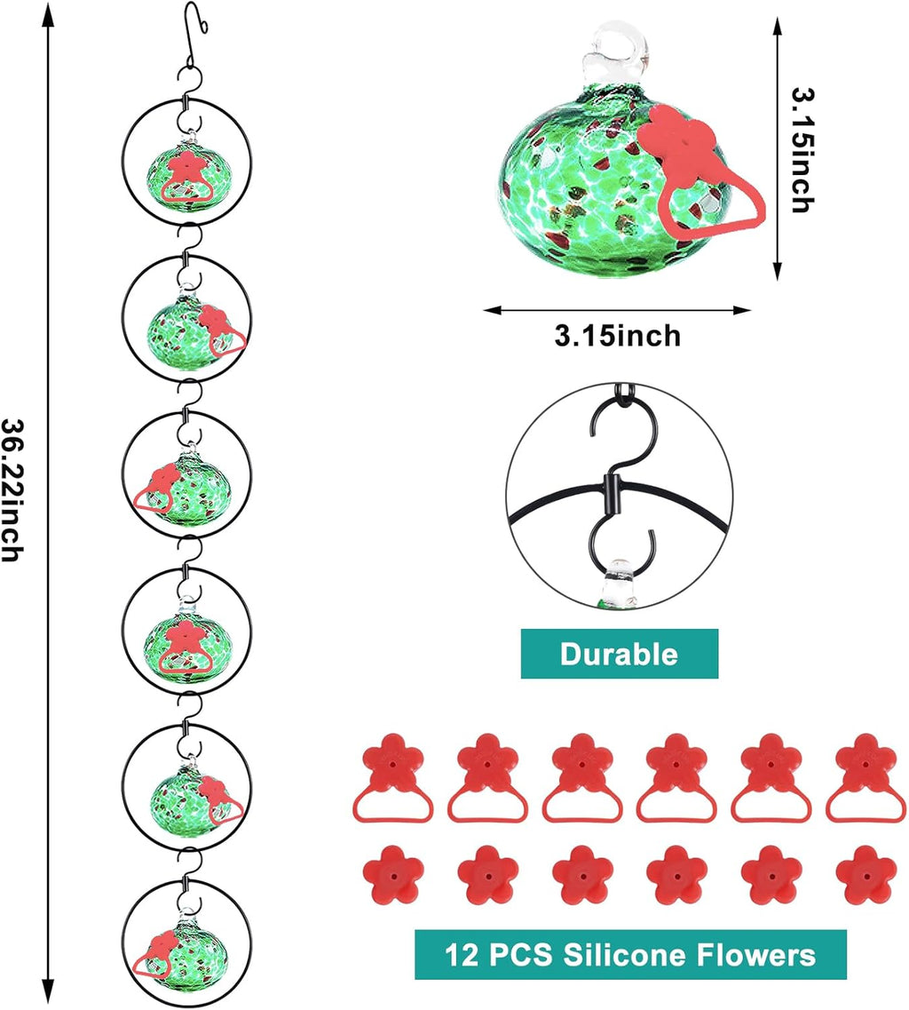 Flexible 6 Pack Hummingbird feeders for Outdoors Hanging Ant and Bee Proof,Detachable Hand Blown Glass Hummingbird Feeder with 6 Adjustable Silicone Perch(Green)