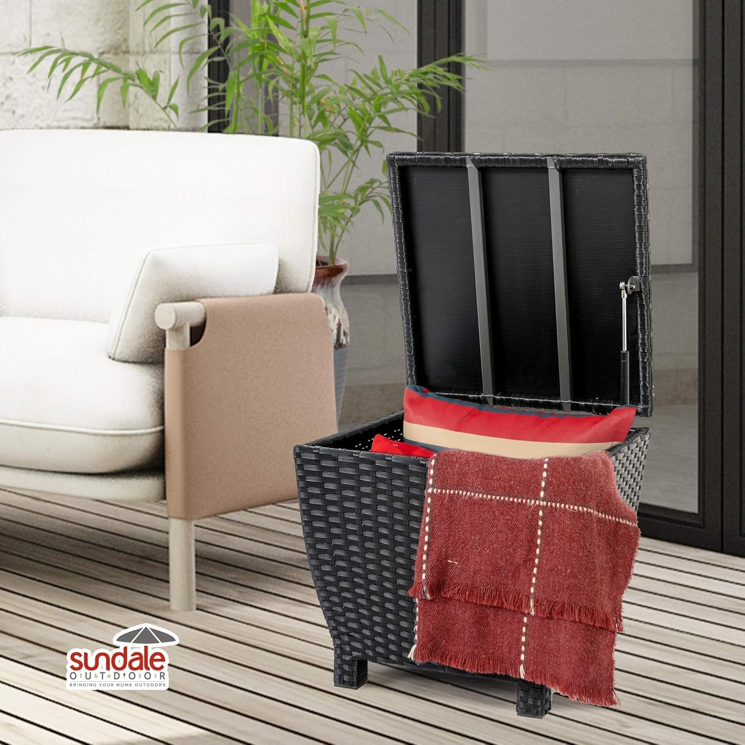 Sundale Outdoor Small Deck Storage Box with Lid, 13 Gallon Small Outdoor Bin Storage Container for Hose Cushions Towels, Patio Black Side Wicker Table with Storage-Steel, Rattan, Square