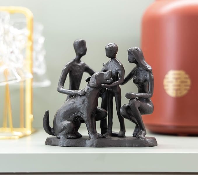 Family and Dog Statues, Cast Iron Family of 3 Figurine, Gift for Dog Lovers,Dog Memorial Gift, Black