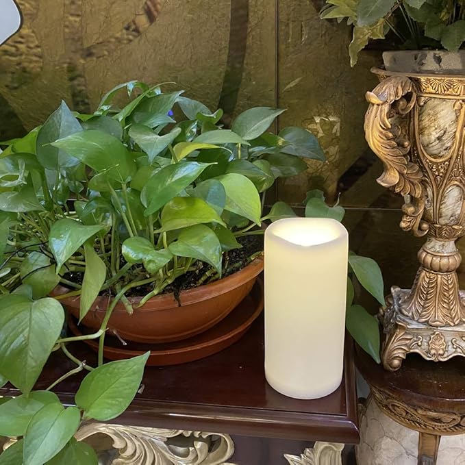 CANDLE CHOICE Outdoor Waterproof Battery Operated Flameless Candle Remote Timer　Large Tall White Plastic Bright Flickering Electric LED Pillar for Lantern Patio Wedding Party Decorations 4”(D) x8”(H)