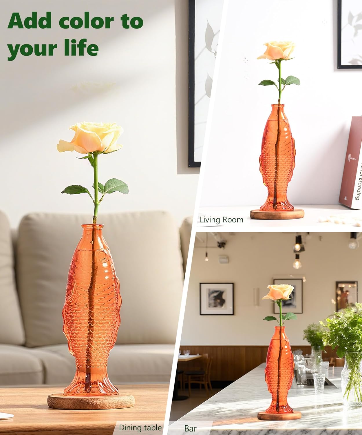 Nacome Fish Vase Glass Plant Terrarium with Wooden Stand,Planter Propagation Station for Home Office Hydroponics Desk Decoration,Unique Gardening Gifts for Plant Lovers Women Mom(Orange)