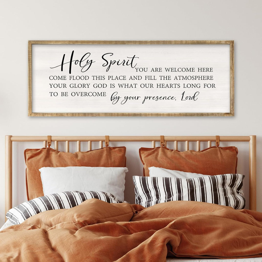 RLWangChao Christian Inspirational Wall Decor Holy Spirit You are Welcome Here Sign 32×12 Inch Bible Verse Plaque Religious Scripture Quote for Living Room Large Wood Framed Wall Hanging (Wood)