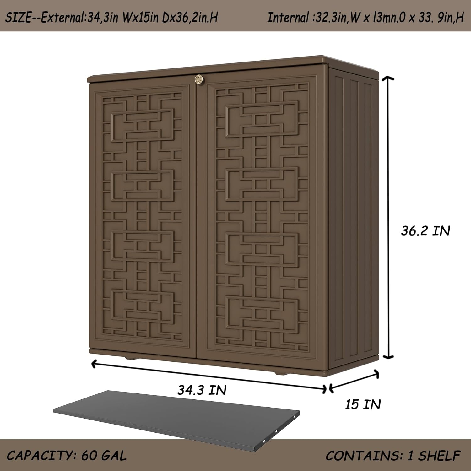 Storage Box Outdoor Caninet,Resin Indoor Storage Box Waterproof Outdoor Storage Cabinets for Patio/Garden/Backyard, Size 34.3''L*15''W*36.2''H(Brown)