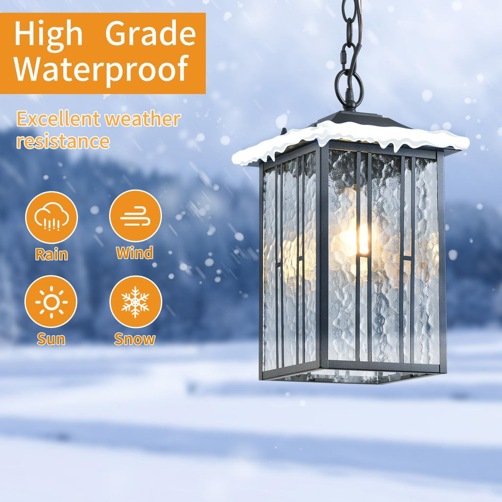 Outdoor Pendant Light, Black Exterior Hanging Lights, LED Outdoor Chandelier, Modern Hanging Lantern for Porch, Ceiling Entry Porch Patio Matte Black with Water-Rippled Glasses