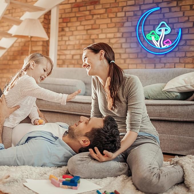 Moon Mushroom Neon Sign Blue Moon Neon Lights for Wall Decor Mushroom Light Up Signs USB LED Signs for Girls room Living Room Kids Room Home Bar Party Shop