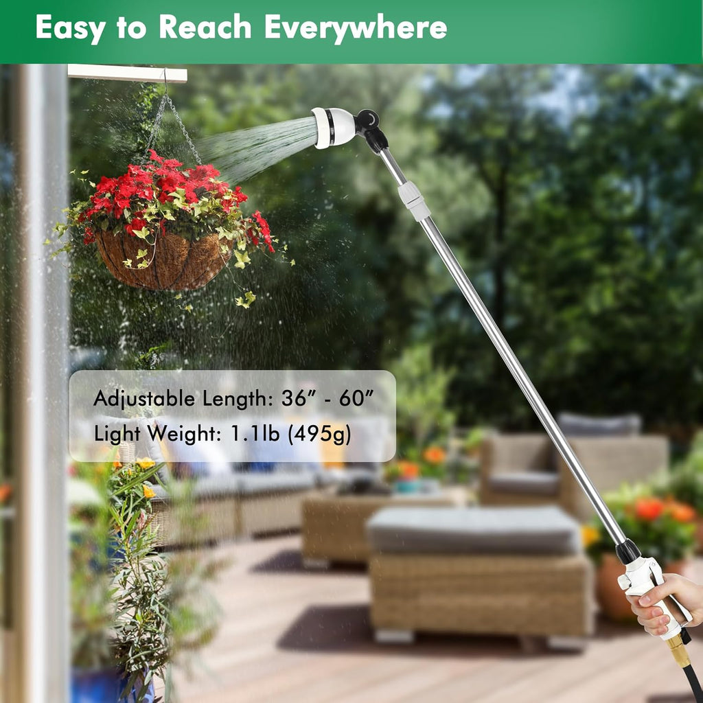 RESTMO 36”-60” Metal Watering Wand, Long Telescopic Tube | 180° Adjustable Ratcheting Head | 7 Spray Patterns | Flow Control, Garden Hose Sprayer to Water Hanging Baskets, Shrubs, White