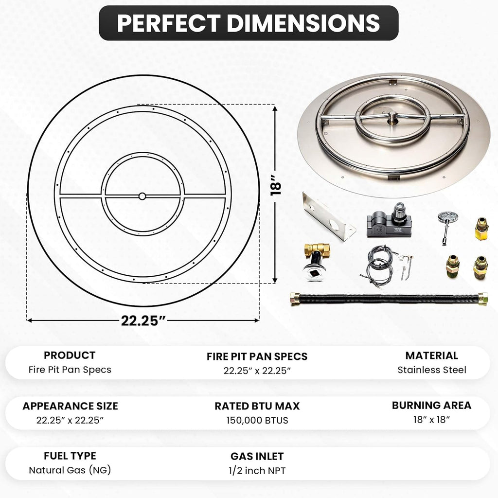 Stainless Steel Fire Pit Burner Pan & Ring Standard Kit with Spark Ignition for Natural Gas, 22-Inch Pan, 18-Inch Ring, 150,000 BTU Max
