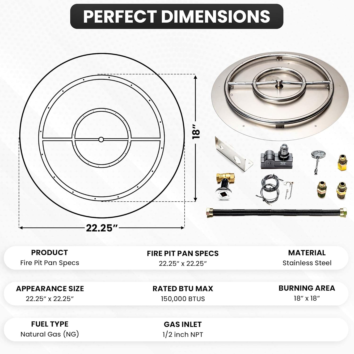 Stainless Steel Fire Pit Burner Pan & Ring Standard Kit with Spark Ignition for Natural Gas, 22-Inch Pan, 18-Inch Ring, 150,000 BTU Max