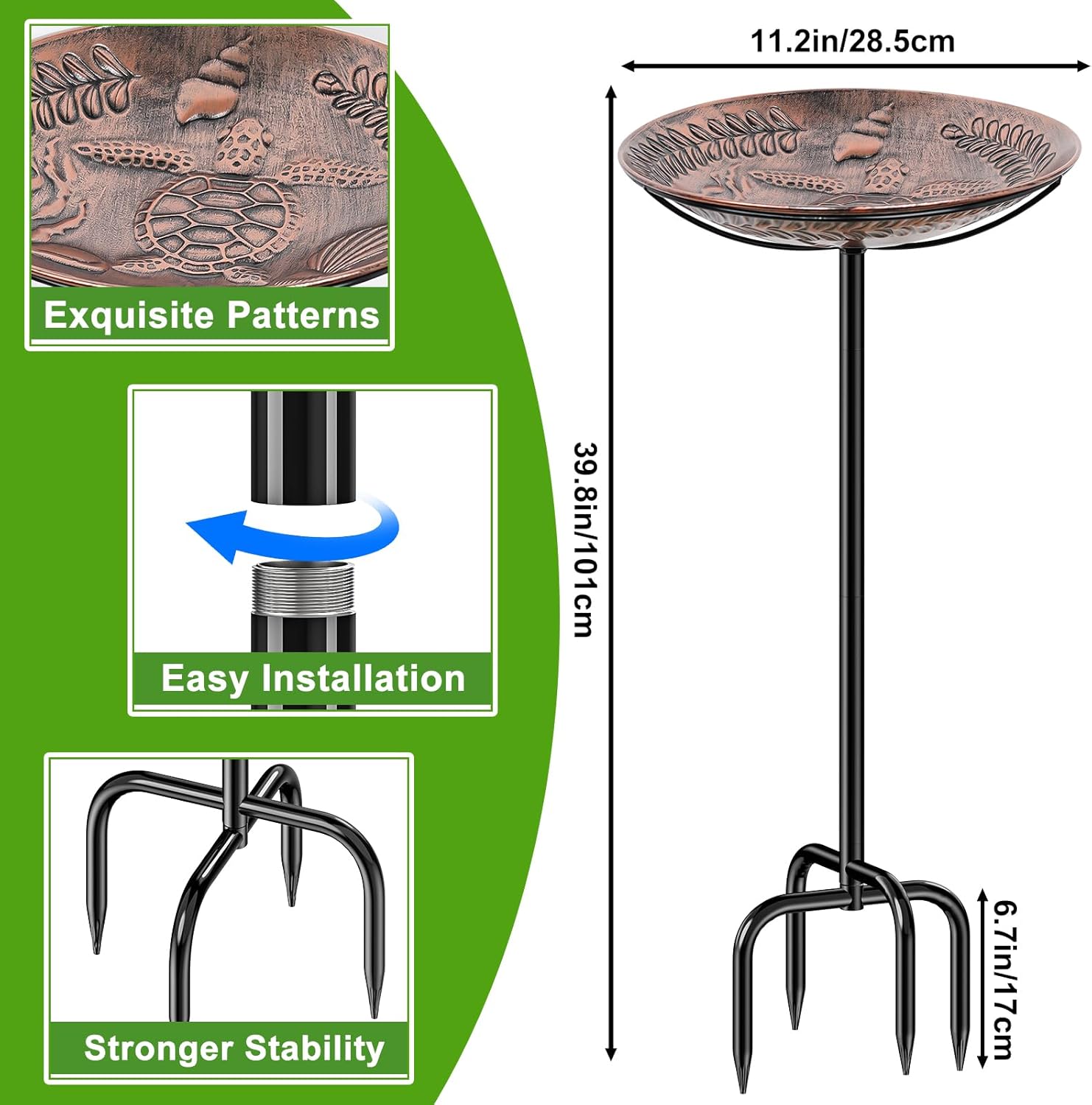 40 Inch Metal Bird Bath for Outside, Detachable Birdbath & Birdfeeder with Base Stake, Vintage Bird Baths for Outdoors Garden Yard Lawn Decor (Vintage Copper)