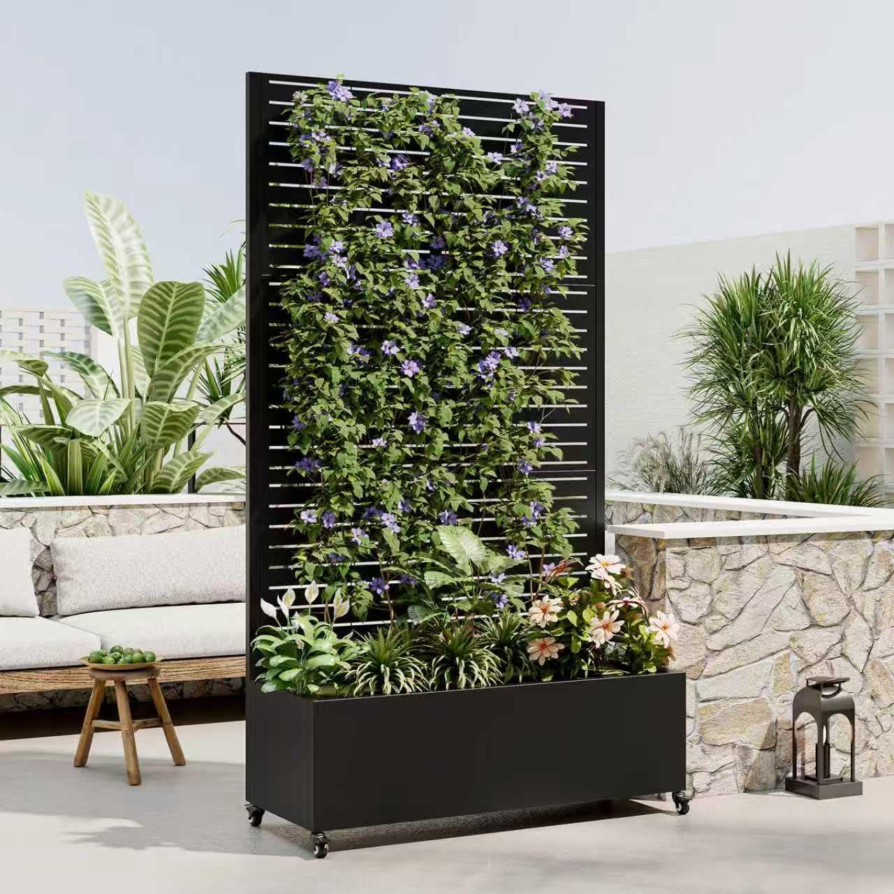Metal Planter Box with Trellis and Wheels, 73"x35"x16" Galvanized Steel Raised Garden Bed with Drainage Holes and Privacy Screen Function for Climbing Plants, Vegetables, Flowers, and Vines–Black
