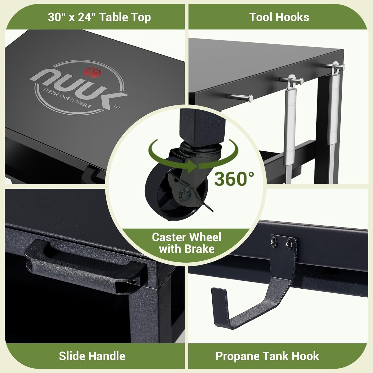 NUUK Outdoor Grill Prep Table 24"x30" Metal Grill Cart Outside 3-Layer Pizza Oven Table Movable with Universal Wheels for BBQ Backyard Patio