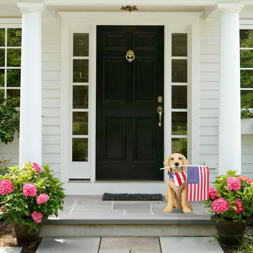Cynkeyee Outdoor Garden Decor Dog Statue - Large Resin Puppy with American Flag Statues Sculpture for Outside Yard Lawn Home Decor Americana Patriotic Decorations 12.5x8.5x13.5 Inch