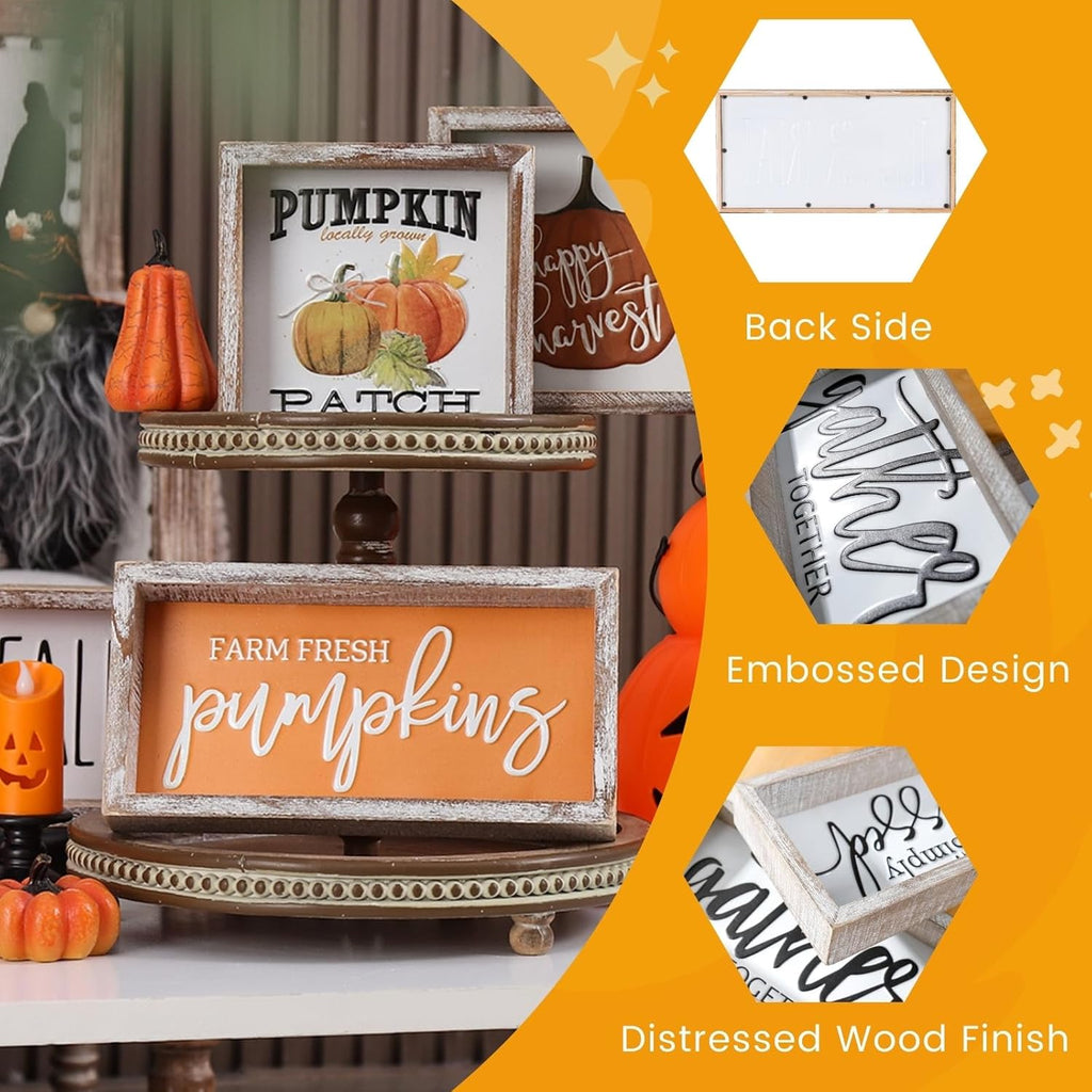 Fall Decor, Hello Fall Block Sign for Shelf, Mantel, Table, Rustic Thanksgiving Decoration, Autumn Tiered Tray Decor, Embossed Metal With Wood Frame Black