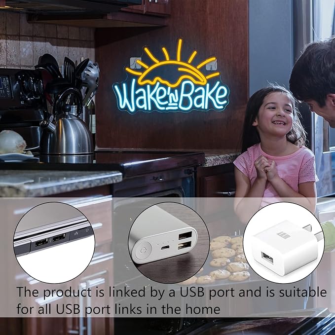 WLHOPE Wake in Bake Neon Signs Yellow Blue LED Neon Signs for Wall Decor, USB Fried Eggs Neon Light Letter Bakeing Neon Sign for Bedroom Home Kitchen Cake Baking Shops Cafes Birthday Party