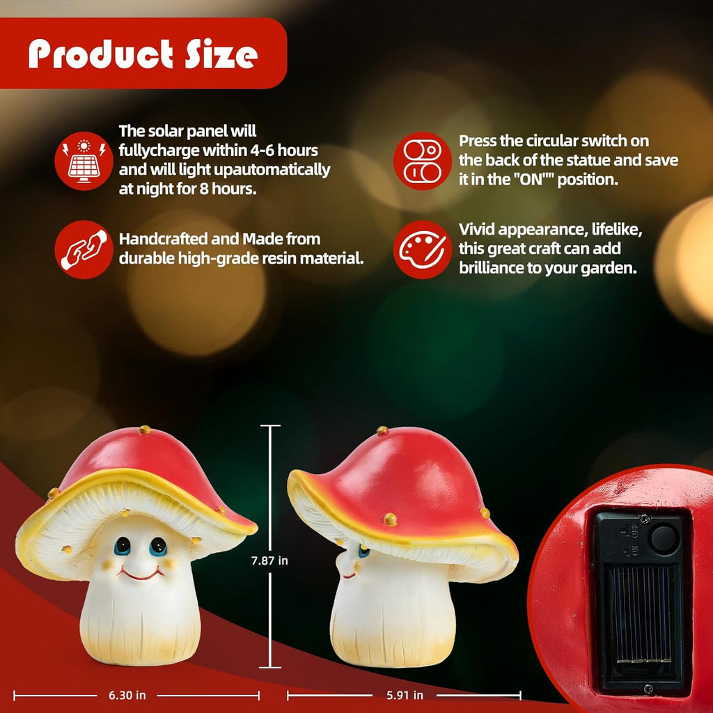 Solar Garden Small Mushroom Decor Outdoor Statue - Mushroom with Waterproof Sculptures Lights, Cute Mushrooms Pond/Yard Statues Outside Decoration, Home, Lawn, Patio, Resin Fairy Ornament