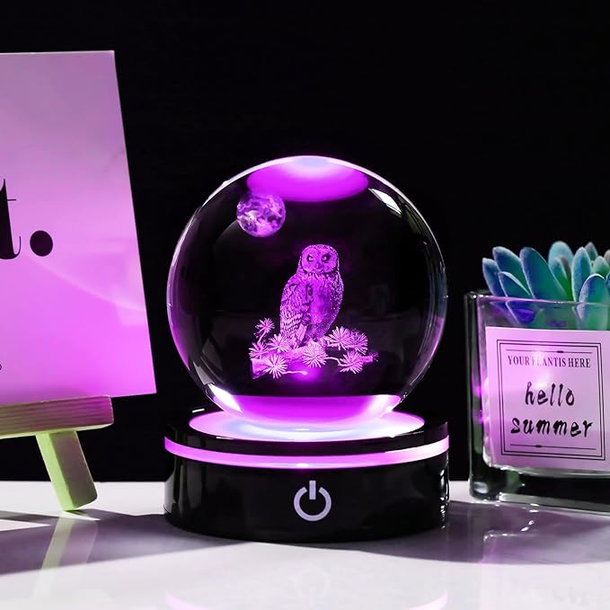 YWHL 3D Owl Figurine Crystal Ball With Colorful Light Base, Gifts for Women Men Lovers on Christmas Birthday, Laser Engraved Sphere Glass Ball for Home Office Decoration (80mm)