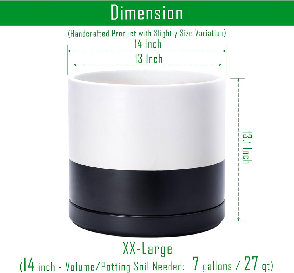 D'vine Dev 14 Inch Ceramic Planter Pot with Drainage Hole and Saucer, Indoor Cylinder Round Planter Pot, Layered Monochrome Black & White, 94-O-G-L