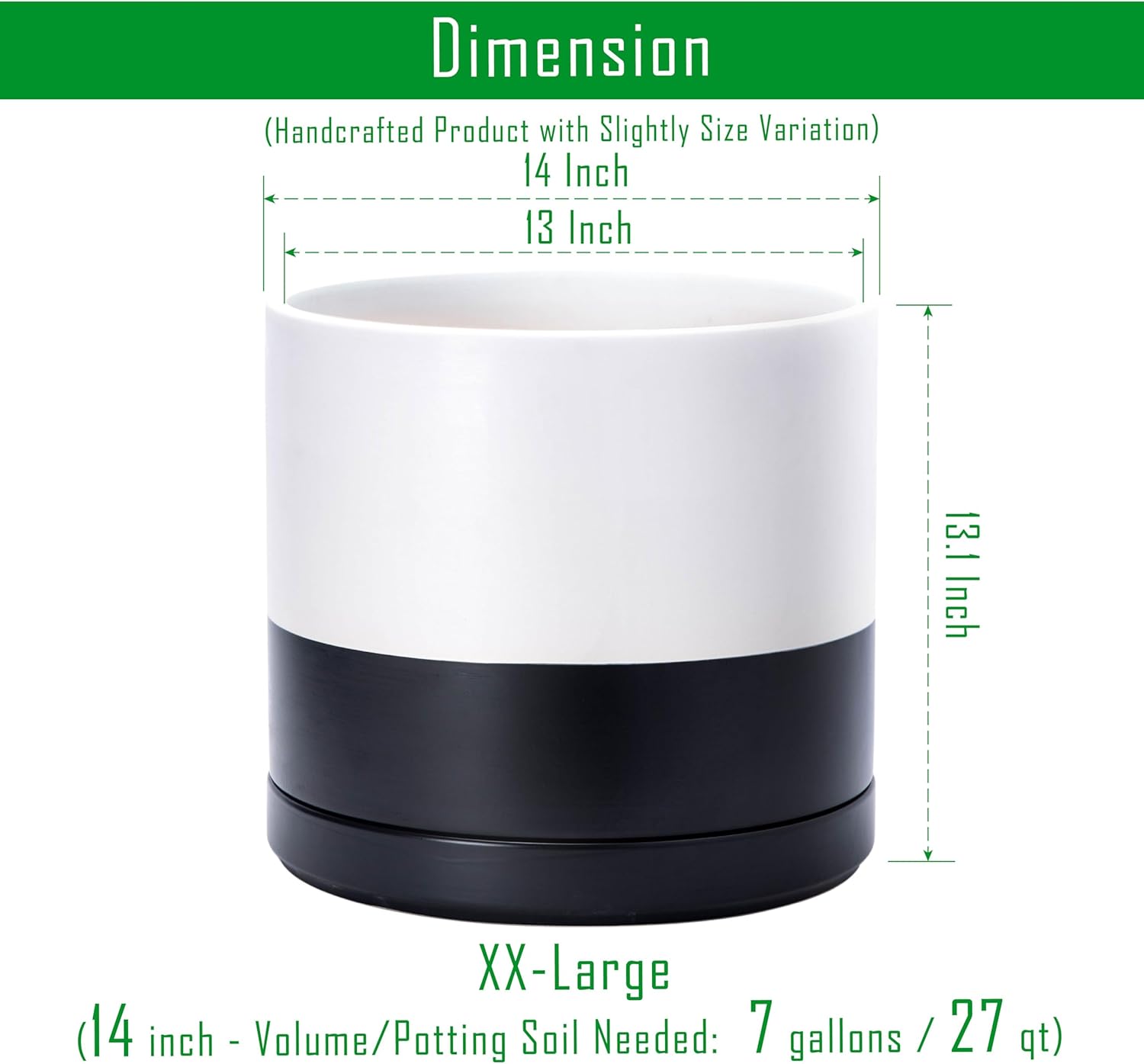 D'vine Dev 14 Inch Ceramic Planter Pot with Drainage Hole and Saucer, Indoor Cylinder Round Planter Pot, Layered Monochrome Black & White, 94-O-G-L