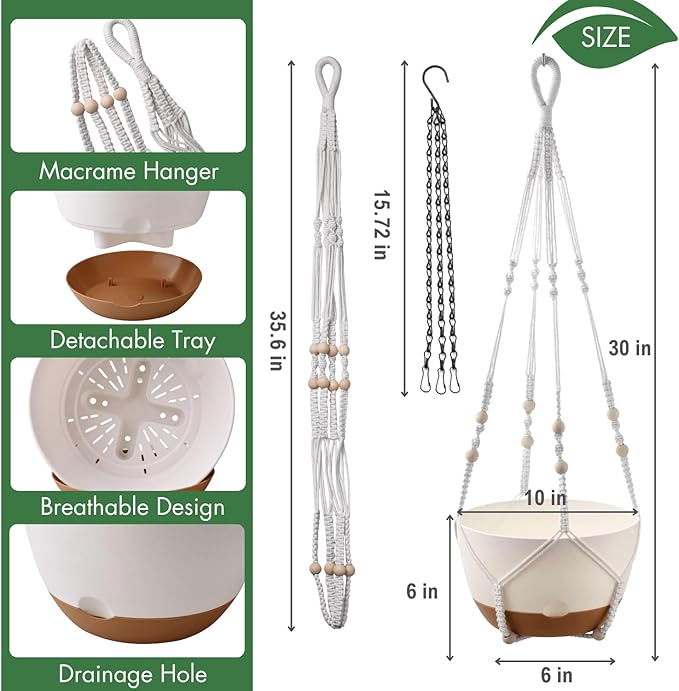 10 Inch Hanging Planters for Indoor Plants,Set of 2 Hanging Pots for Plants with Self-Watering, Outdoor Hanging Plant Pot with Drainage and 2 Kinds of Hanging Baskets Hangers for Home Decor and Garden