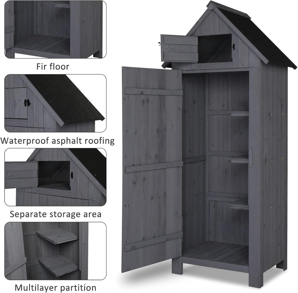 Outvita Outdoor Storage Shed, 70 Inch Wooden Garden Storage Cabinet, Waterproof Tool Storage Cabinet with Lockable Door, Wooden Garden Shed Outdoor Shed for Garden Backyard Lawn(Grey)