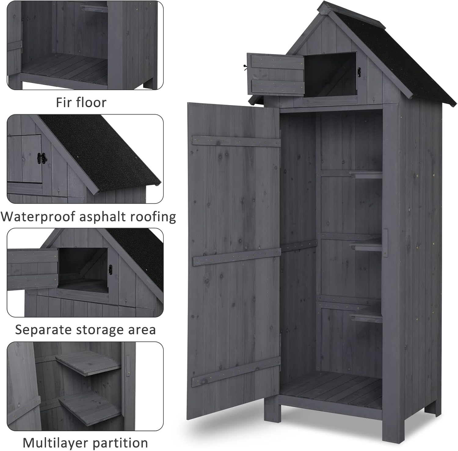 Outvita Outdoor Storage Shed, 70 Inch Wooden Garden Storage Cabinet, Waterproof Tool Storage Cabinet with Lockable Door, Wooden Garden Shed Outdoor Shed for Garden Backyard Lawn(Grey)