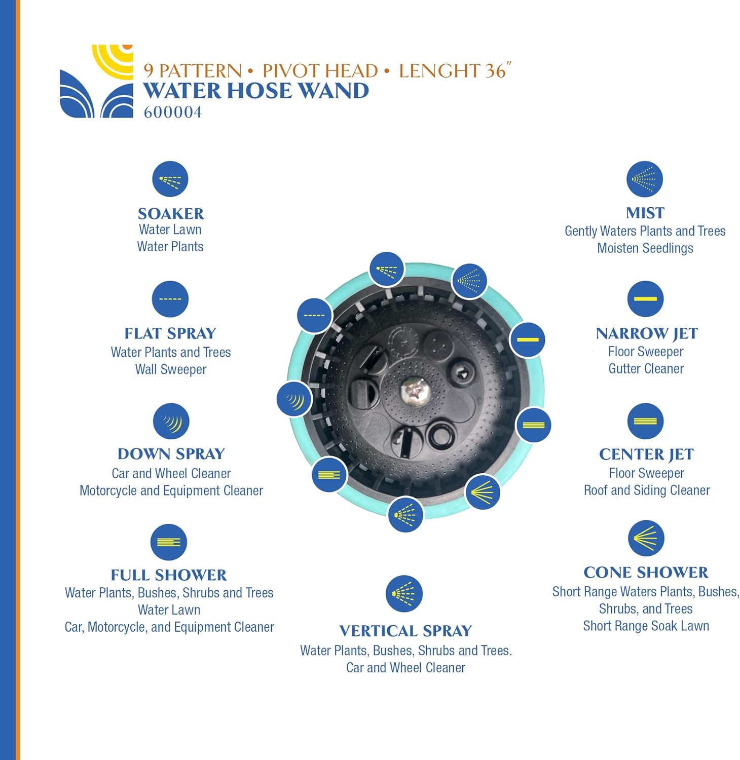 36 Inch Water Hose Wand Featuring 9 Spray Patterns and 180° Pivot Head 600004 with Comfort Grip and Lever Control by New England Garden Tools for Cleaning, Watering Plants & Yards, Washing Cars & Pets