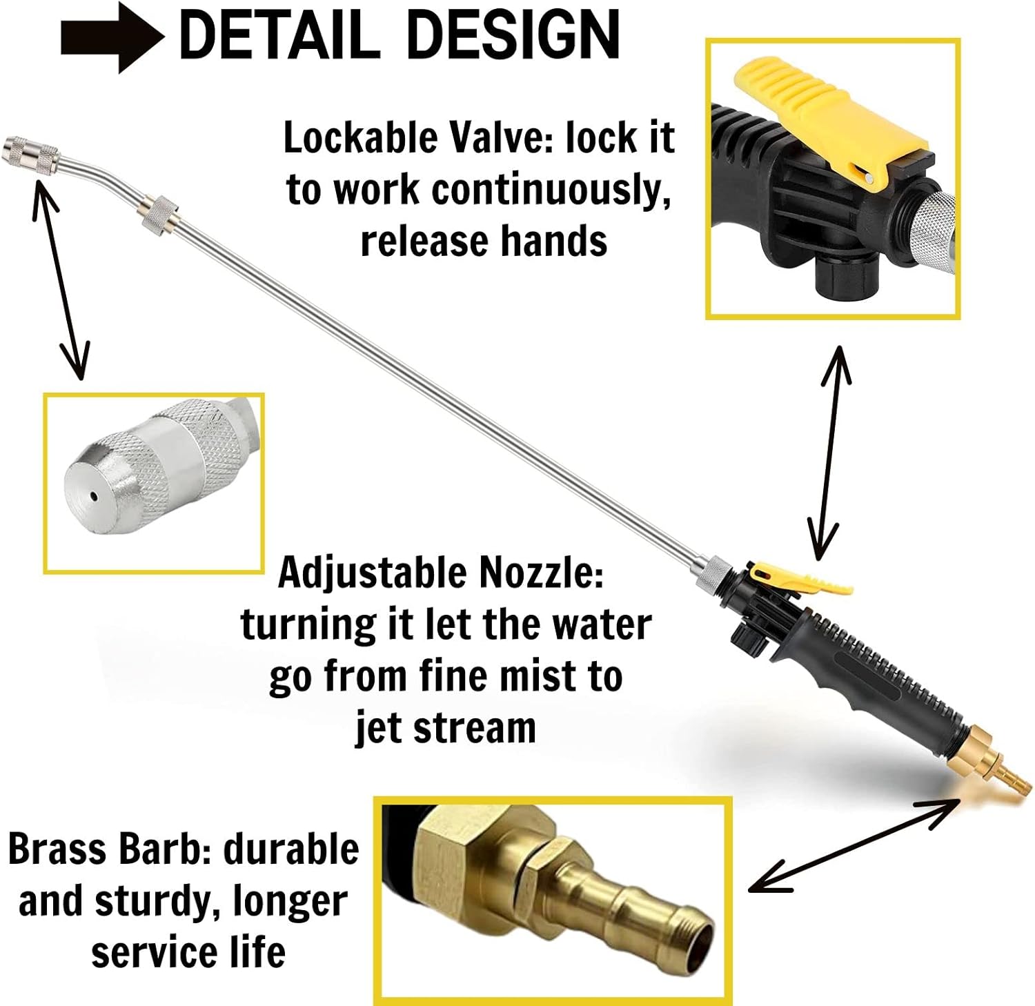 29'' Sprayer Wand Replacement, 1/4" & 3/8" Brass Barb Universal Stainless Sprayer Wand with Shut off Valve, Adjustable Watering Wand with 2 Hose Clamps & 1 Tape